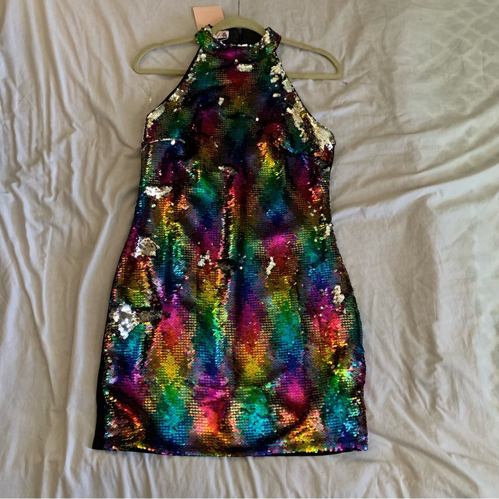 Yilibasha Sequined Rainbow NYE Mini Dress